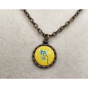 Vintage Metal Pendant WIth Blue Flower On Metal Chain